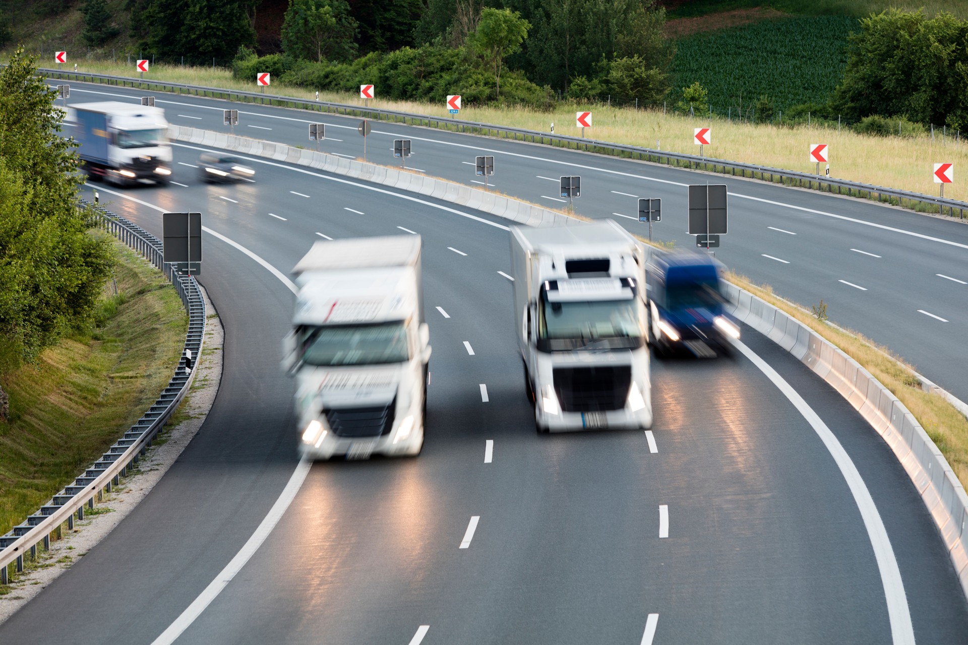 Trucks Speeding on Highway, Heavy Goods Transportation, Aerial View