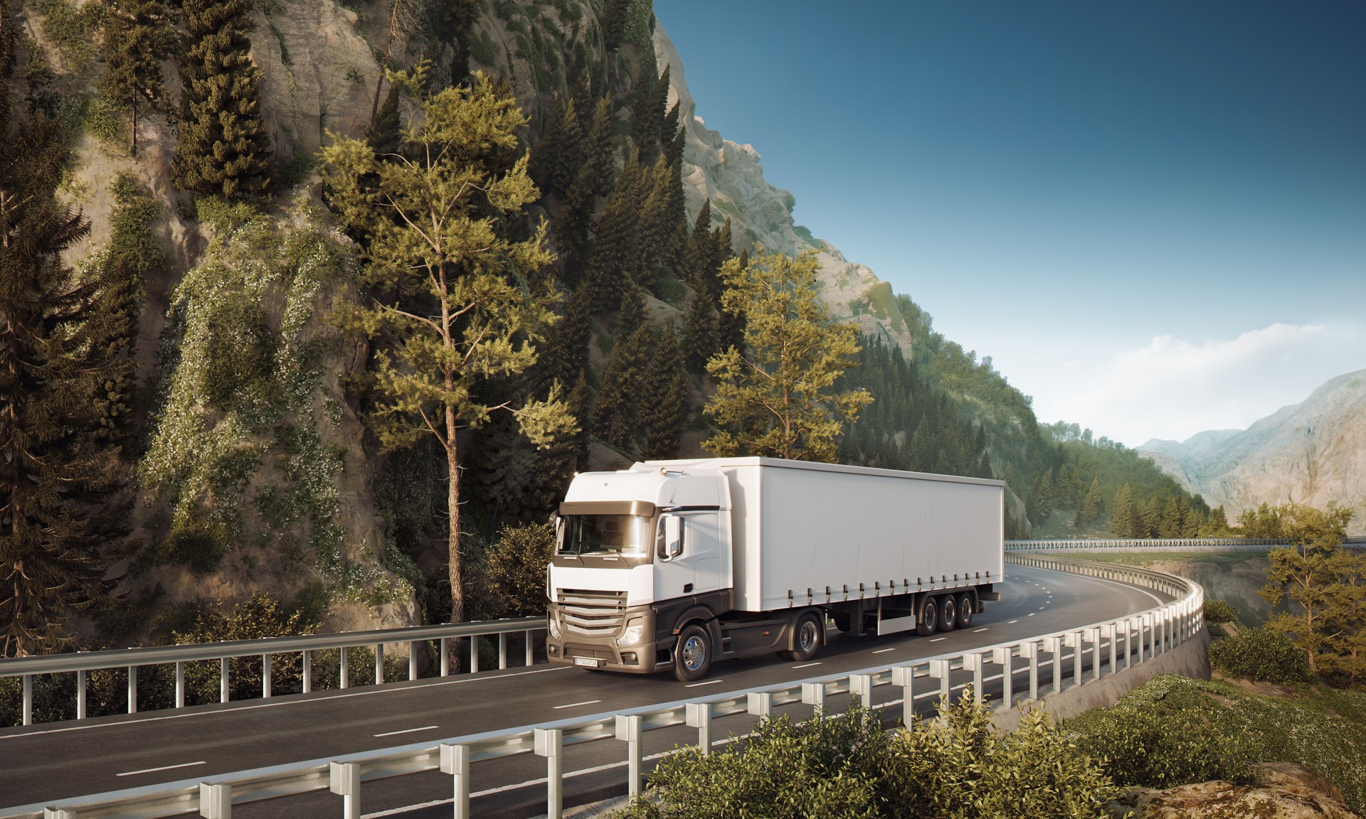 Digitally Generated Image of a Transport Truck on a Serene Mountain Road
